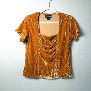 Vintage Forenza Top Size L Orange Velvet Ruched Square Neck Babydoll